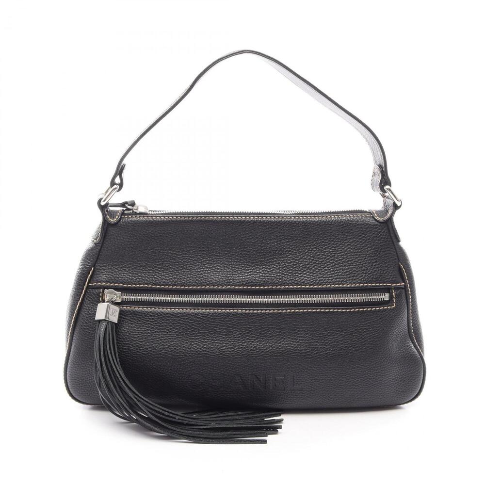 Chanel logo fringe shoulder bag/handbag, leather, women's, black.